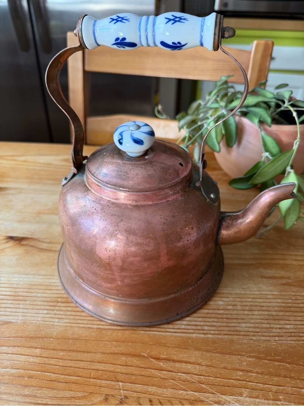 Vintage Copper Teakettle with Blue-White Ceramic Handle
